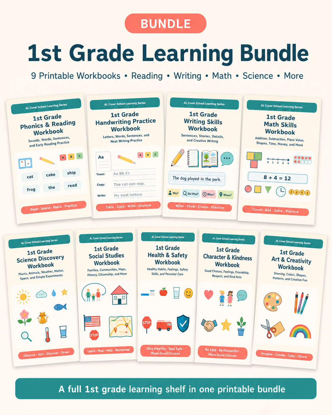 1st Grade Learning Bundle | 9 Printable Workbooks for Early Learners
